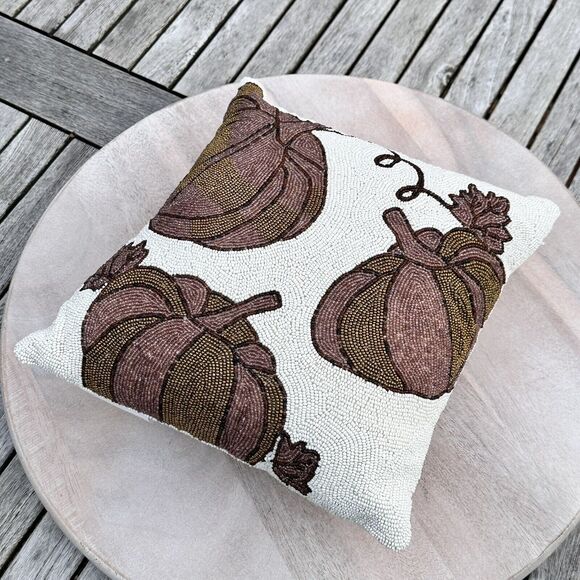 Pumpkin Patch Beaded Gold Pumpkin Throw Pillow Fall Thanksgiving Decor 12" x 12" - Picture 9 of 9